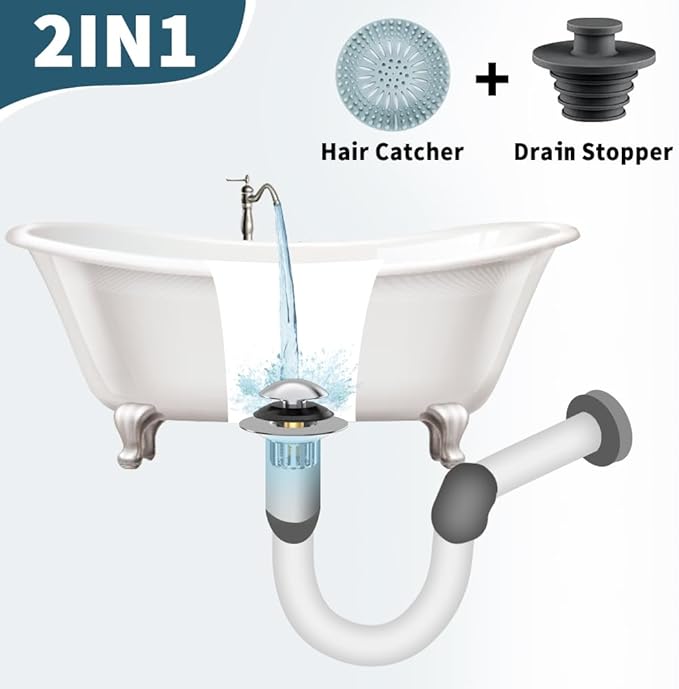 Upgraded 2 in 1 Bathtub Drain Stopper, Pop Up Tub Drain Hair Catcher, Anti Clogging Tub Drain Stopper, Replaces Lift and Turn, Tip-Toe and Trip Lever drains for Tub, Easy Install and Clean