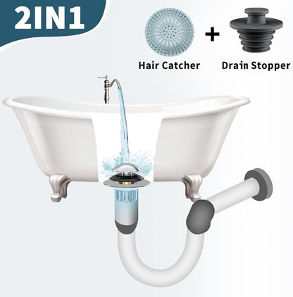 Upgraded 2 in 1 Bathtub Drain Stopper, Pop Up Tub Drain Hair Catcher, Anti Clogging Tub Drain Stopper, Replaces Lift and Turn, Tip-Toe and Trip Lever drains for Tub, Easy Install and Clean
