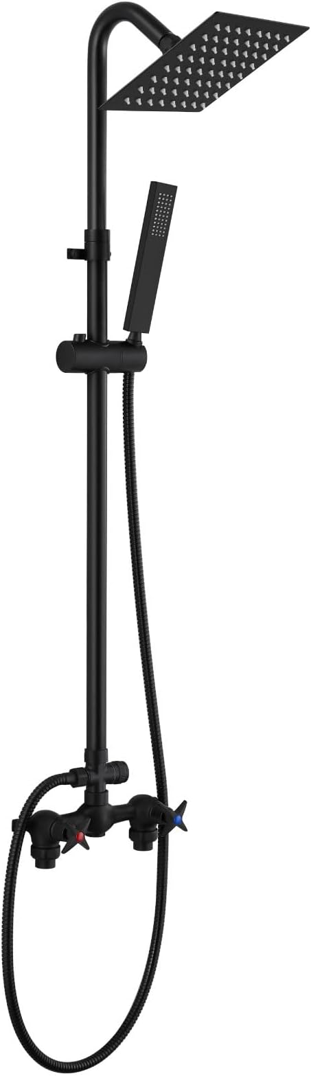 Wall Mounted Outdoor Shower System Matte Black 6" Square Rainfall Shower head with Hand Held Spray Double Cross Handles with Adjustable Slide Bar Two Function Exposed Shower Kit