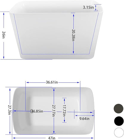 47" Lucite Acrylic Freestanding Bathtub，Square Shape Janpanese Soaking Tub,Toe-tap Chrome Right Drain, Slotted Overflow, cUPC Certified,Glossy White