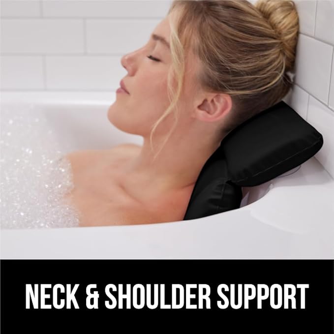 GORILLA GRIP Bath Pillow for Tub, Improved Suction Cups, Luxury Bathtub Pillows, Headrest for Neck and Back Support, Relaxing Home Spa, Hot Tubs and Bathroom Essentials, Gifts for Women, 2 Panel Black