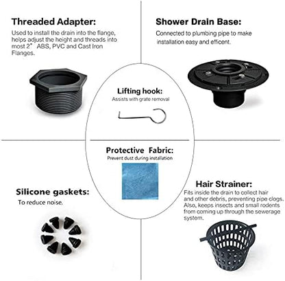 Neodrain 6-Inch Black Shower Drain, Square Drains with Removable Quadrato Pattern Cover, 304 Stainless Steel, Shower Drain Kits with PVC Base&Hair Catcher Strainer, Shiny Black