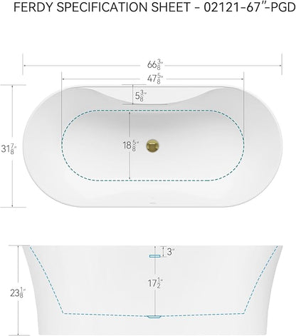 FerdY Santorini 67" Acrylic Freestanding Tub, Gracefully Shaped Contemporary Soaking Tub, Glossy White, cUPC Certified, Polished Gold Toe-tap Drain and Overflow