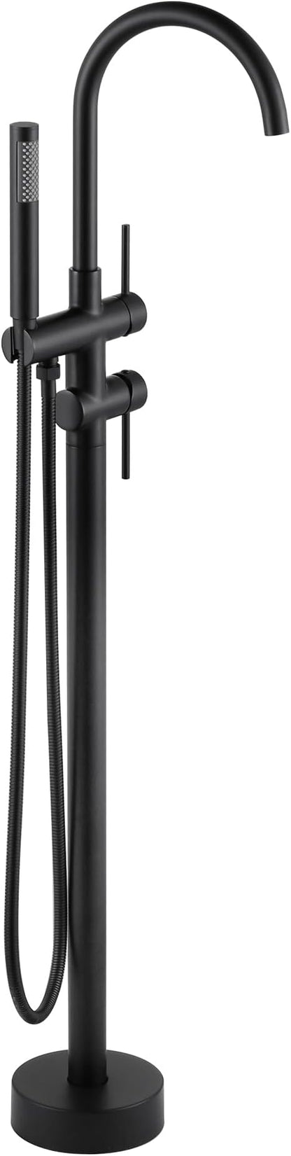 Freestanding Bathtub Faucet Matte Black: Floor Mount Tub Filler, High Flow Brass Shower Faucets with Handheld Sprayer for Bathroom