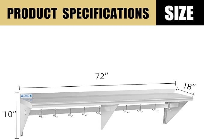 Hally Stainless Steel Shelf with 9 Hooks 18" x 72" Wall Mounted Pot Rack 500lb, NSF Commercial Floating Shelving for Storage Hanging Pots, Pans, cookware in Restaurant, Kitchen, Home and Hotel