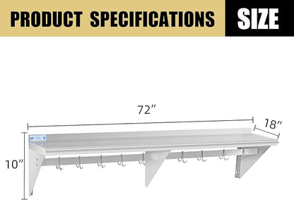 Hally Stainless Steel Shelf with 9 Hooks 18" x 72" Wall Mounted Pot Rack 500lb, NSF Commercial Floating Shelving for Storage Hanging Pots, Pans, cookware in Restaurant, Kitchen, Home and Hotel