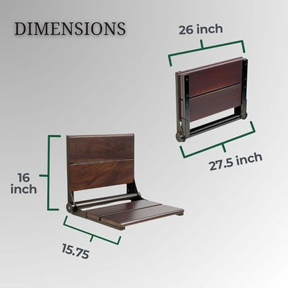 Folding Shower Seat Wall Mounted with Back | 500 lbs Maximum Load Capacity | ADA Compliant Safety Assist Teak Shower Seat for Seniors, Handicapped, and Children | 304 Stainless Steel Frame | 26” x 16”