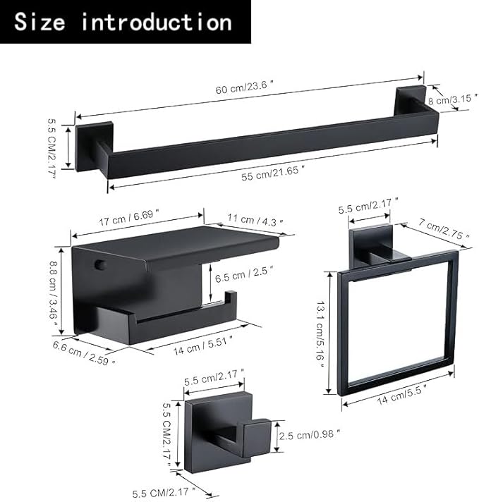 10 Pack Matte Black Bathroom Hardware Set - SUS304 Stainless Steel Wall-Mounted Towel Bar, Holder & Racks, 23.6 Inch