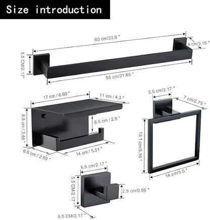 10 Pack Matte Black Bathroom Hardware Set - SUS304 Stainless Steel Wall-Mounted Towel Bar, Holder & Racks, 23.6 Inch