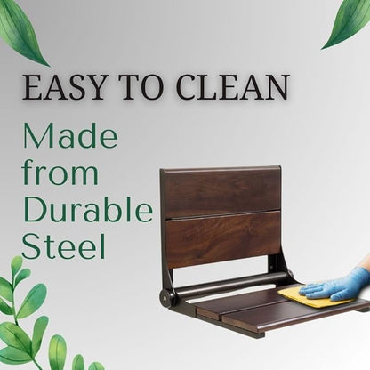 Folding Shower Seat Wall Mounted with Back | 500 lbs Maximum Load Capacity | ADA Compliant Safety Assist Teak Shower Seat for Seniors, Handicapped, and Children | 304 Stainless Steel Frame | 26” x 16”
