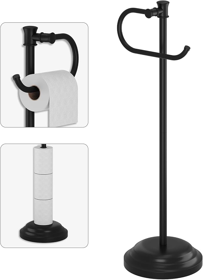 BESy Toilet Paper Holder Free Standing Bathroom Toilet Tissue Holder Stand for Floor Toilet Paper Roll Holder with Storage Hardware Accessories Rack Hand Towel Bar Matte Black Stainless Steel