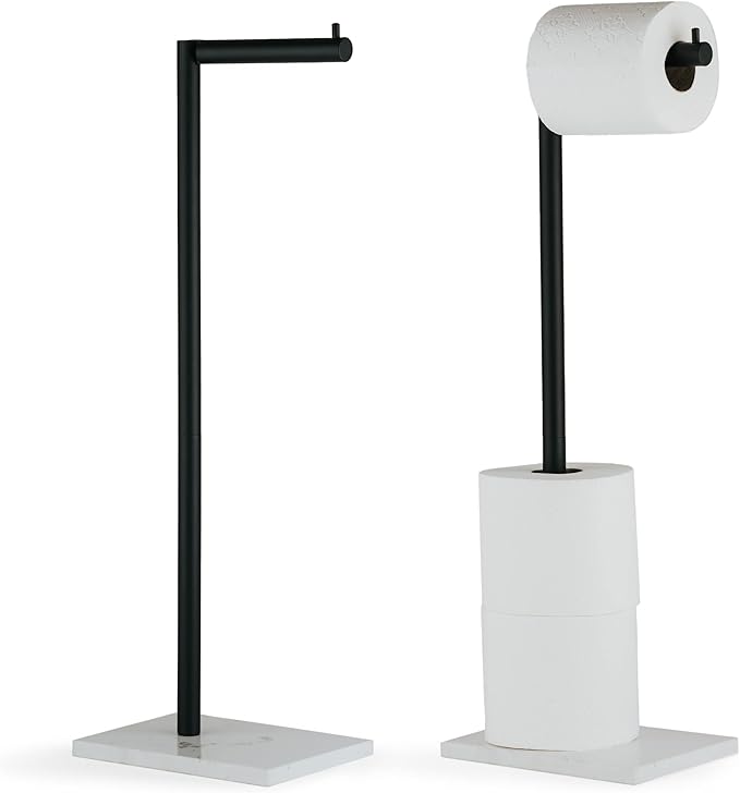 MARMOLUX ACC Free Standing Matte Black Toilet Paper Holder Stand White Marble Base and Storage - 4 Jumbo Roll Bathroom Hardware Toilet Tissue Organizer - Stainless Steel Bathroom Decor Accessory