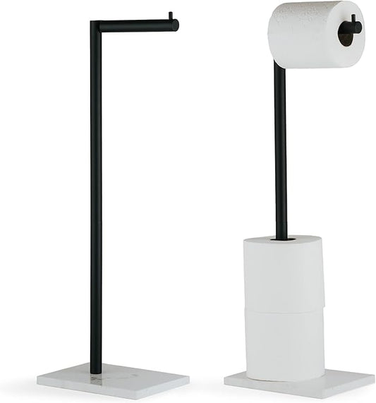 MARMOLUX ACC Free Standing Matte Black Toilet Paper Holder Stand White Marble Base and Storage - 4 Jumbo Roll Bathroom Hardware Toilet Tissue Organizer - Stainless Steel Bathroom Decor Accessory