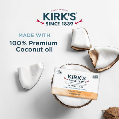 Kirk's Castile Bar Soap for Men, Women & Children - Made with Premium Coconut Oil, Sensitive Skin Formula- Vegan & Non GMO- Citrus Twist- 4 oz. Bars 6 Pack