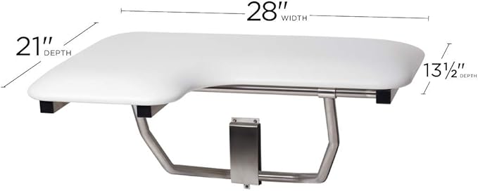 Seachrome Lift-Assist Shower Seat, L-Shaped Right-Hand, ADA, Wall Mount, Padded White Naugahyde