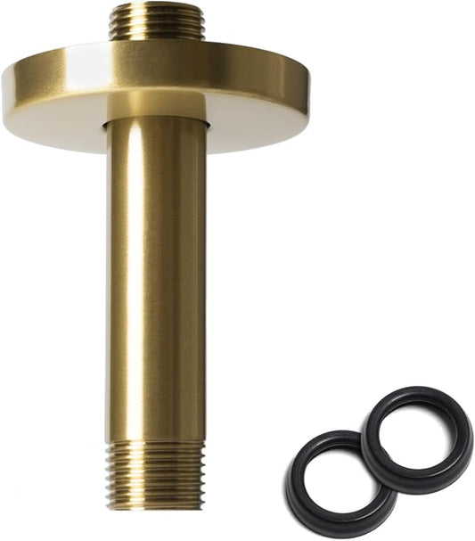 4 Inch Shower Arm with Flange, Ceiling Mounted Shower Head Extension Arm, 1/2 NPT Straight Arm for Rain Shower Head, Stainless Steel Shower Head Extension Replacement Pipe Arm, Brusheed Gold