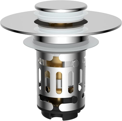Hibbent Upgraded 3 in 1 Bathroom Sink Drain Strainer, Universal Pop Up Stopper with Removable Stainless Steel Filter Basket Hair Catcher, Sink Plug for 1.1''~2.36'' Basin, Brass Bullet Core, Chrome