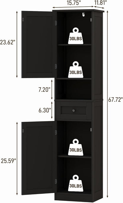 67" H Tall Bathroom Cabinet, Narrow Storage Cabinet with 2 Barn Doors and 1 Drawer, Freestanding Floor Cabinets with 5 Shelves and Open Storage Shelf for Bathroom, Living Room, Kitchen, Black