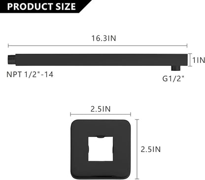 Voolan 16" Square Shower Arm with Flange and Teflon Tape, Extension Shower Head Arm for Bathroom Fixed Shower Head, Solid Stainless Steel, Wall Mounted (Matte Black)