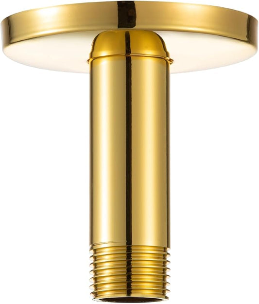 OFFO Shower Arm with Flange, Bright Gold 3 in Ceiling Mount Replacement Rain Shower Head Straight Arm Ceiling-Mounted For Fixed Shower Head & High Pressure Rain