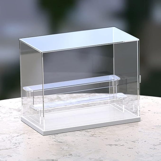 Choowin 3 Tier Clear Acrylic Display Case for Collectibles, Mini Figures, Pop Mart, Labubu, Sonny Angel, Smiski - Assemble Dustproof Acrylic Display Box with Door, Stand (White Base, Clear Step)
