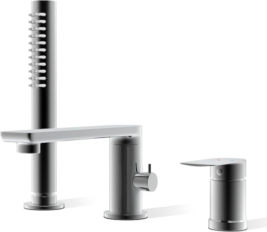 Modern Chrome Roman Tub Faucet with 360° Rotated Spout, Deck Mount Bathtub Faucet with Hand Shower, Widespread 3 Holes Bath Tub Filler Faucet Rough In Valve Included (Chrome)