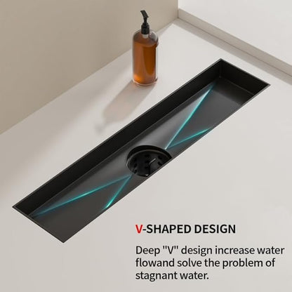 Linear Shower Drain, 304 Stainless Steel with Adjustable Leveling Feet, Hair Strainer,Reversely Install Place to Create an Invisible Floor Drain - Black -54-Inch