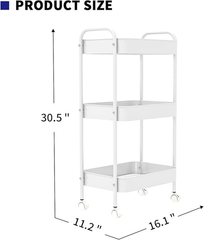 3-Tier Metal Utility Rolling Cart, Multi-Functional Storage Trolley for Office, Living Room, Kitchen, Movable Storage Organizer with Wheels, White