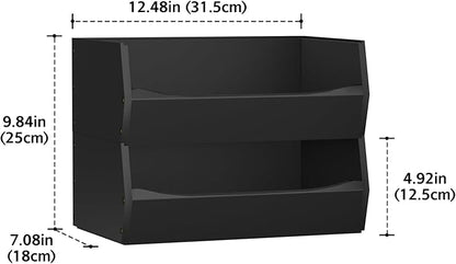 2 Set Open Front Stackable Storage Bins, Bamboo Stacking Storage Bins Food Vegetable Makeup Containers, Organizer Bins for Kitchen, Bathroom, Office, Cabinet, Countertop Storage (Long Black)