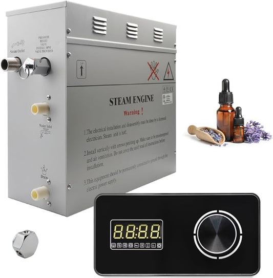 Superior Encore 6kW Steam Shower Generator Kit with Horizontal Black Keypad & Set of 6 Aromatherapy Oils |Self-Draining Steam Bath Generator|One-click Connection Cord|
