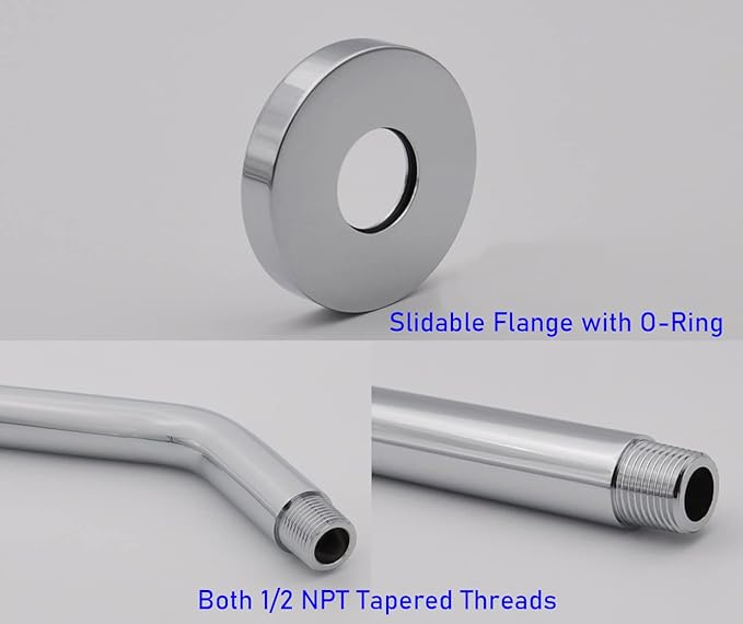Aquaiaw Shower Arm and O-Ring Flange, 8 inch, Solid Brass, Round, Both Soldered 1/2 NPT Tapered Threads, Wall Mount Shower Arm Extension with Escutcheon (Polished Chrome)
