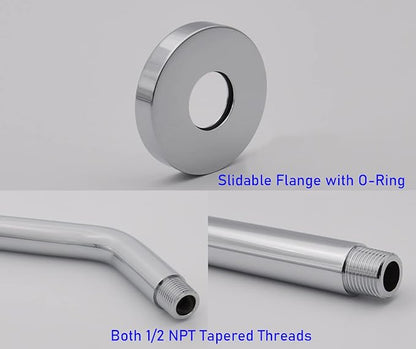 Aquaiaw Shower Arm and O-Ring Flange, 8 inch, Solid Brass, Round, Both Soldered 1/2 NPT Tapered Threads, Wall Mount Shower Arm Extension with Escutcheon (Polished Chrome)