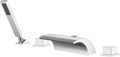 sumerain Four Hole Roman Tub Faucet with Hand Shower and Waterfall Spout Chrome Finish High Flow