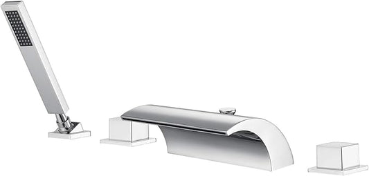 sumerain Four Hole Roman Tub Faucet with Hand Shower and Waterfall Spout Chrome Finish High Flow