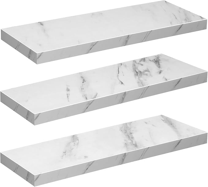 Pinkunn 3 Pcs Faux Marble Floating Shelves Modern Wooden Floating Shelf Wall Mount Organizer Decor for Home Bathroom Kitchen Storage and Display