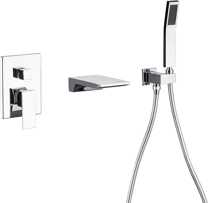 Wall Mount Waterfall Tub Faucet Single Handle Bathroom Bathtub Faucet Waterfall Roman Tub Filler Faucet Wall Mount Bathtub Faucets with Hand Shower, Chrome
