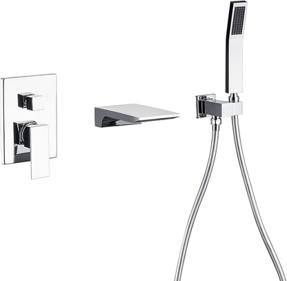 Wall Mount Waterfall Tub Faucet Single Handle Bathroom Bathtub Faucet Waterfall Roman Tub Filler Faucet Wall Mount Bathtub Faucets with Hand Shower, Chrome