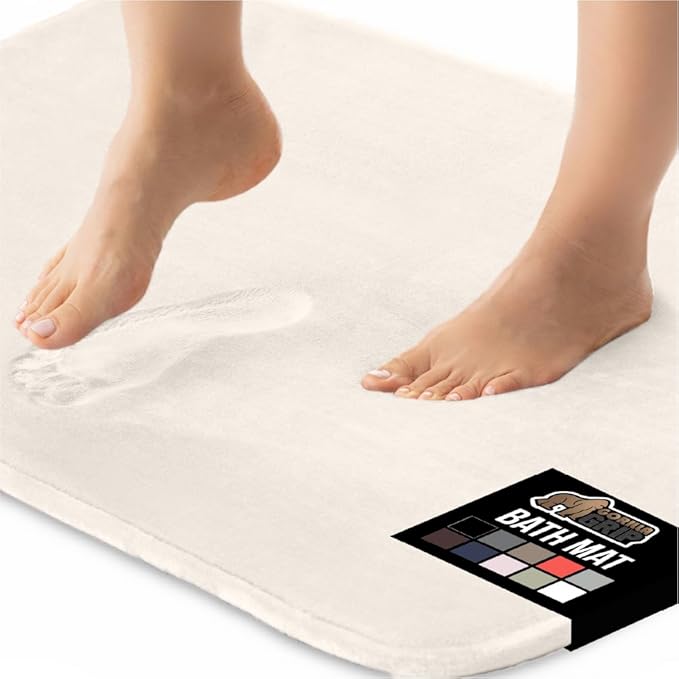 GORILLA GRIP Memory Foam Bath Mat, Soft Absorbent Velvet Bathroom Mats, Durable Dots on Underside, Machine Washable Bathmat, Carpet Rug Room Decor for Shower Tub Floor RV, 24x17 Rugs, Cream