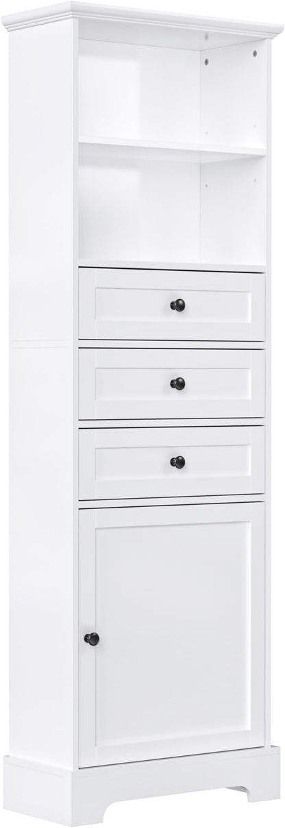 Favfurish 67" Tall Bathroom Storage Cabinet with Door and 3 Drawers,Modern Linen Cabinets w/Adjustable Shelf & 2-Tier Open Shelves,Freestanding Organizer for Bath Room,Study,Office,White