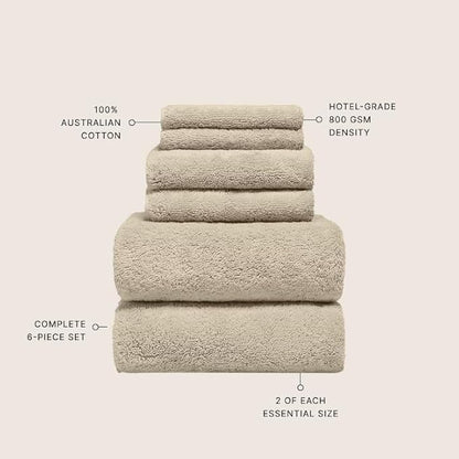 Italic Ultraplush 100% Australian Cotton Towels Standard 6 Piece Set, 2 Bath, 2 Hand, 2 Washcloths, 800GSM Lightweight, Highly Absorbent & Quick Drying Soft Resort Grade Towels (Sand)