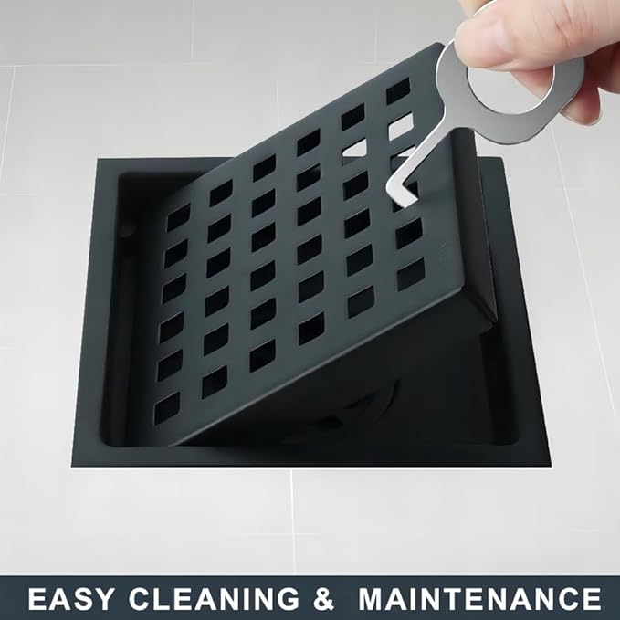 6 Inch Square Shower Floor Drain, Stainless Steel Flange with Removable Grid Cover Hair Strainer, Black