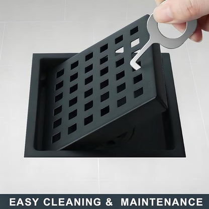 6 Inch Square Shower Floor Drain, Stainless Steel Flange with Removable Grid Cover Hair Strainer, Black