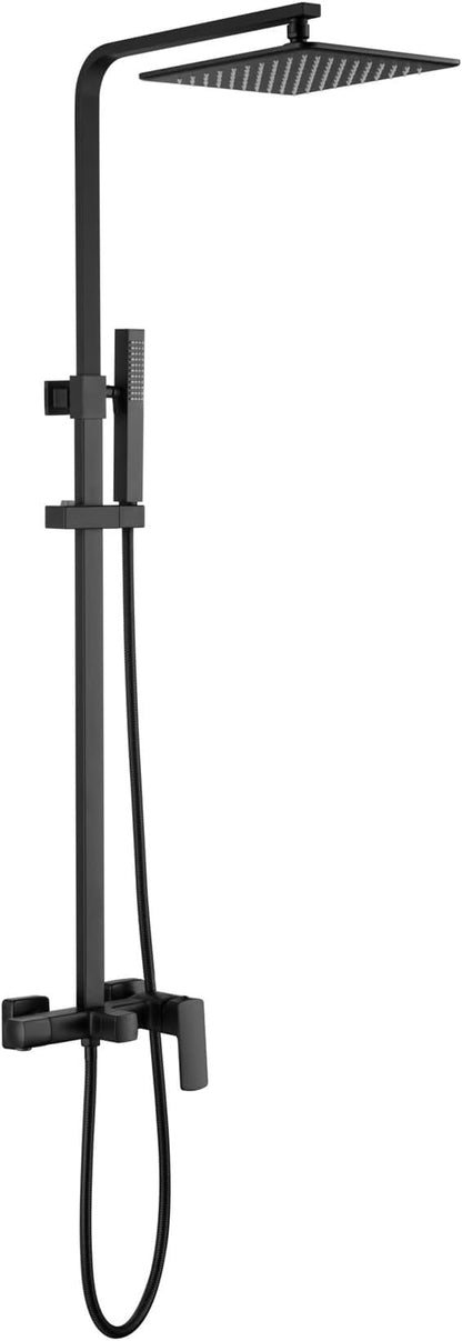 Exposed Shower System with Rain Shower and Handheld Sprayer, Outdoor Shower Fixture with Tub Spout, Rainfall Showerhead Faucet Combo Set for Bathroom Height Adjustable Shower Mixer Matte Black