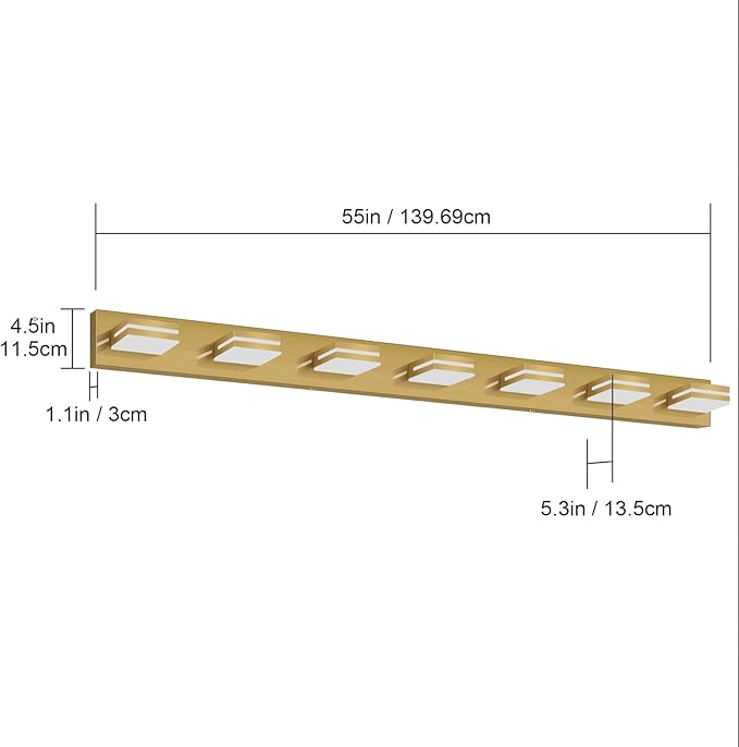 SineRise LED Modern Bathroom Vanity Light Fixtures (7-Light, 55-Inch), Brass Modern Acrylic Bathroom Wall Lighting Fixtures Over Mirror (Cool White 6000K)