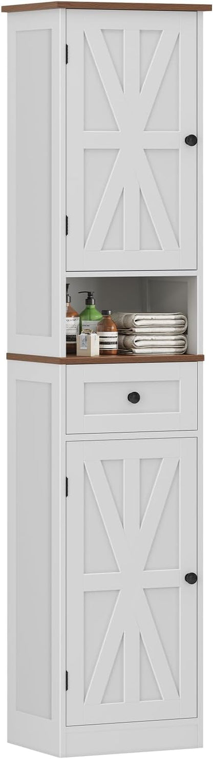 67" H Tall Bathroom Cabinet, Narrow Storage Cabinet with 2 Barn Doors and 1 Drawer, Freestanding Floor Cabinets with 5 Shelves and Open Storage Shelf for Bathroom, Living Room, Kitchen, White