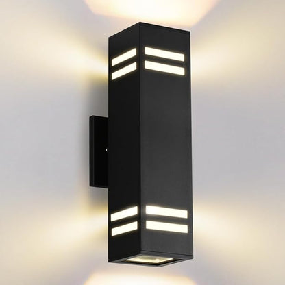 Cerdeco Aluminum Modern Outdoor Wall Light,15" Exterior Up Down Wall Sconce Light Fixture Sand Textured Black with 3-Sided Frosted Glasses [UL Listed]