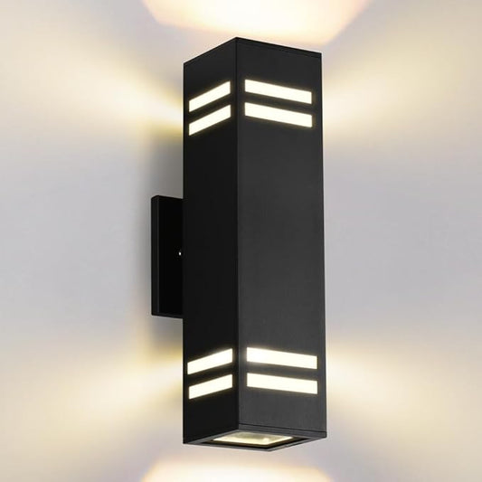 Cerdeco Aluminum Modern Outdoor Wall Light,15" Exterior Up Down Wall Sconce Light Fixture Sand Textured Black with 3-Sided Frosted Glasses [UL Listed]