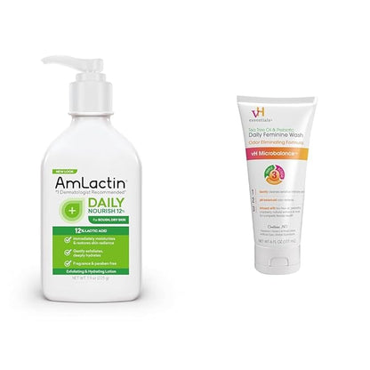 AmLactin Daily Moisturizing Lotion for Dry Skin – 7.9 oz Pump Bottle – 2-in-1 Exfoliator - Body Lotion with 12% Lactic Acid (Packaging May Vary) and vH essentials, Ph Balanced Daily Feminine Wash, Tea Tree Oil & Prebiotic, 6, Fl Oz, (Pack Of 1) 54306 C...