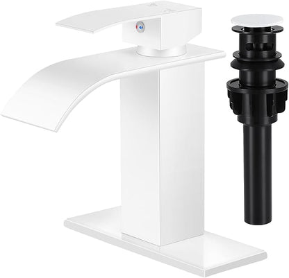 Bathroom Faucets White Waterfall Bathroom Sink Faucet Modern Single Handle Bathroom Faucet for 1 or 3 Hole Mxier Tap Washbasin Faucet with Deck, Pop-up Drain and Supply Hoses