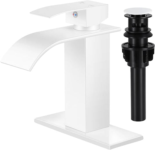 Bathroom Faucets White Waterfall Bathroom Sink Faucet Modern Single Handle Bathroom Faucet for 1 or 3 Hole Mxier Tap Washbasin Faucet with Deck, Pop-up Drain and Supply Hoses